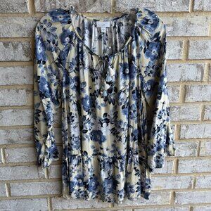 J. Jill 3/4 Sleeve Tie V-Neck Tasseled Floral Blouses Women's Size S.